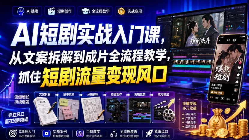 AI短剧实战入门课，从文案拆解到成片全流程教学，抓住短剧流量变现风口-鹊桥梦网创