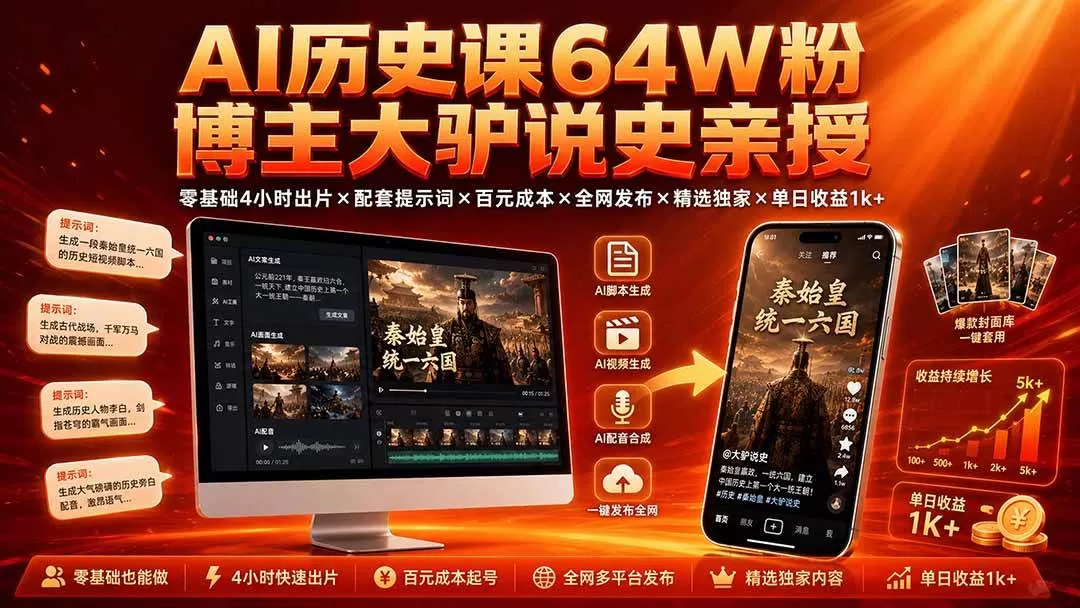 （19557期）AI历史课64W粉博主大驴说史亲授：零基础4小时出片×配套提示词×百元成本×全网发布×精选独家×单日收益1k+