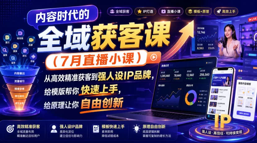 内容时代的全域获客课（7月直播小课），从高效精准获客到强人设IP品牌，给模版帮你快速上手，给原理让你自由创新-鹊桥梦网创