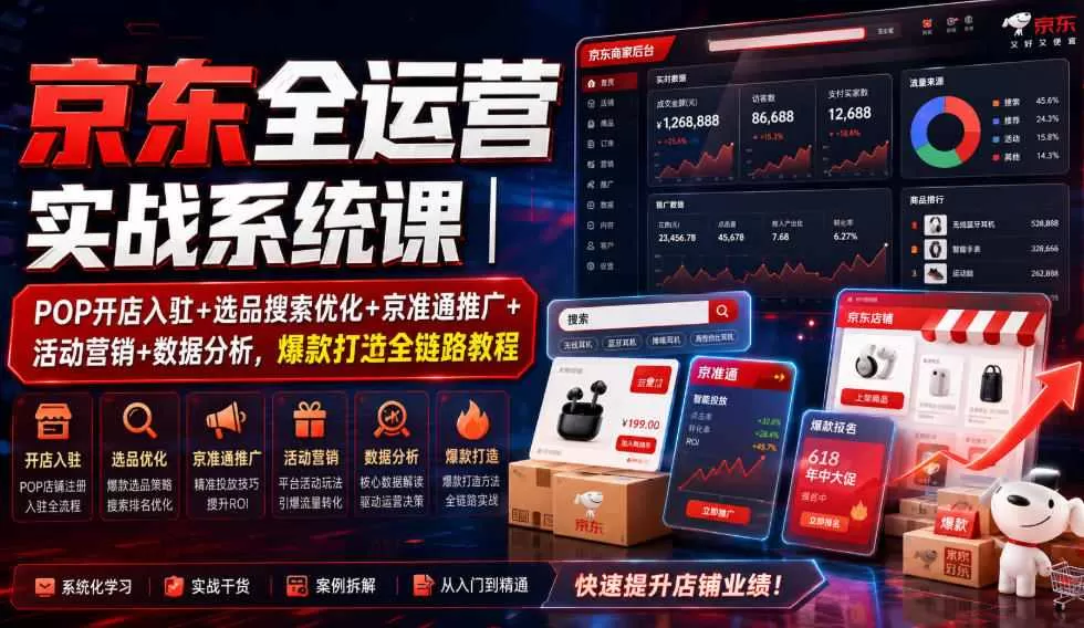 京东全运营实战系统课｜POP开店入驻+选品搜索优化+京准通推广+活动营销+数据分析，爆款打造全链路教程-鹊桥梦网创