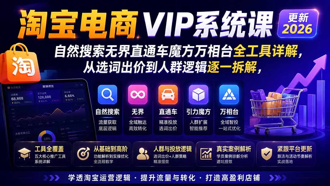 淘宝电商VIP系统课-更新8月；自然搜索无界直通车魔方万相台全工具详解，从选词出价到人群逻辑逐一拆解-鹊桥梦网创