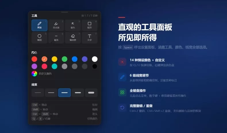 开源轻量级屏幕标注工具,1.4MB实现电脑全屏变自由画布!支持8种标注工具和全键盘操控MarkerOn 开源轻量级屏幕标注工具,1.4MB实现电脑全屏变自由画布!支持8种标注工具和全键盘操控MarkerOn