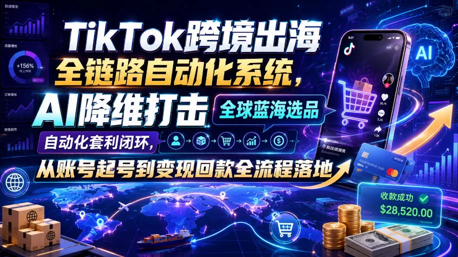 TikTok跨境出海全链路自动化系统,AI降维打击全球蓝海选品自动化套利闭环,从账号起号到变现回款全流程落地(2026年7月)-鹊桥梦网创