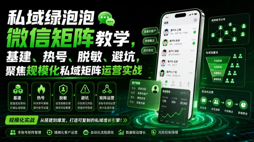 私域绿泡泡微信矩阵教学，基建、热号、脱敏、避坑，聚焦规模化私域矩阵运营实战-鹊桥梦网创