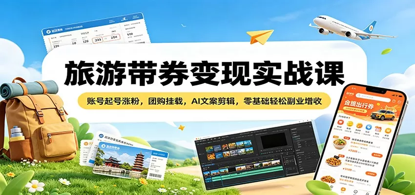 旅游带券变现实战课：账号起号涨粉，团购挂载，AI文案剪辑，零基础轻松副业增收-鹊桥梦网创