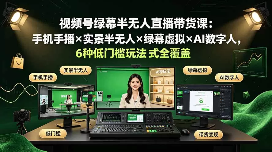 视频号绿幕半无人直播带货课：手机手播×实景半无人×绿幕虚拟×AI数字人，6种低门槛玩法全覆盖-鹊桥梦网创