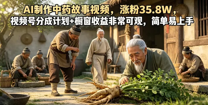 AI制作中药故事视频，涨粉35.8W，视频号分成计划+橱窗收益非常可观，简单易上手-鹊桥梦网创