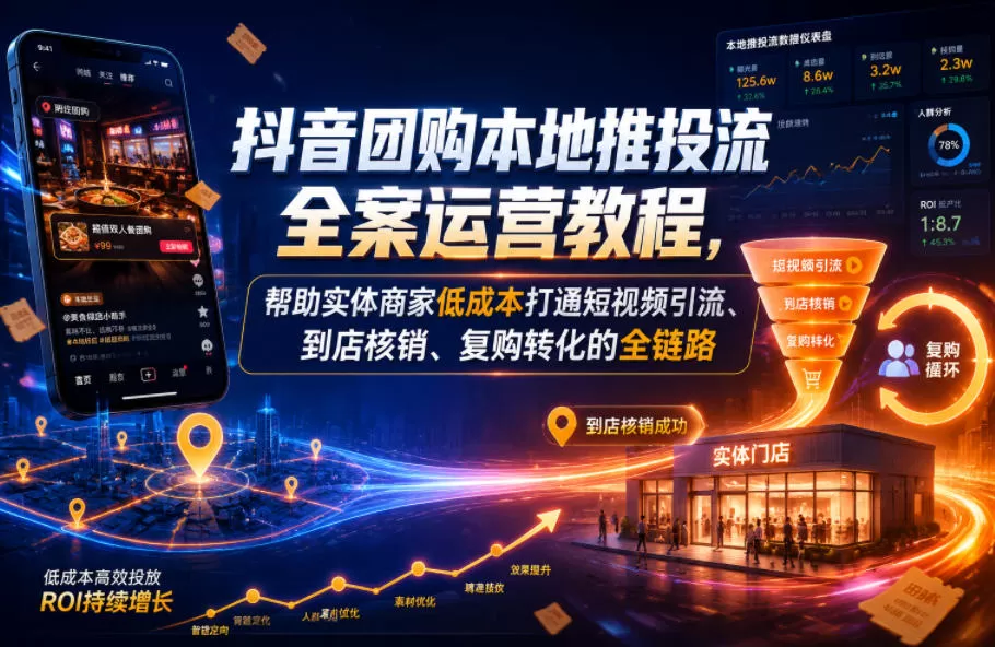 抖音团购本地推投流全案运营教程，帮助实体商家低成本打通短视频引流、到店核销、复购转化的全链路-鹊桥梦网创