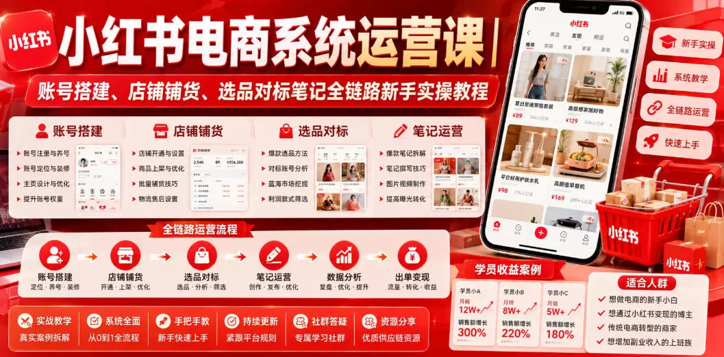 小红书电商系统运营课|账号搭建、店铺铺货、选品对标笔记全链路新手实操教程-鹊桥梦网创
