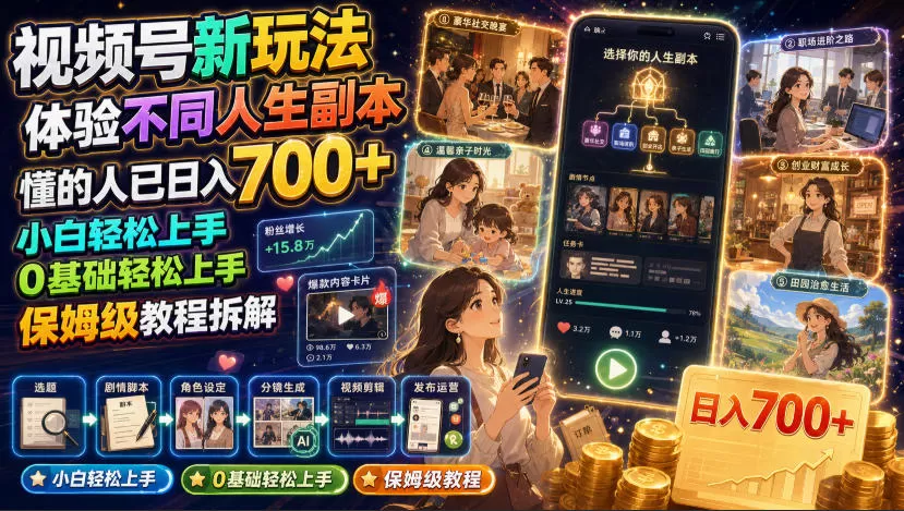 视频号新玩法体验不同人生副本,懂的人已日入700+,小白轻松上手,0基础轻松上手,保姆级教程拆解-鹊桥梦网创