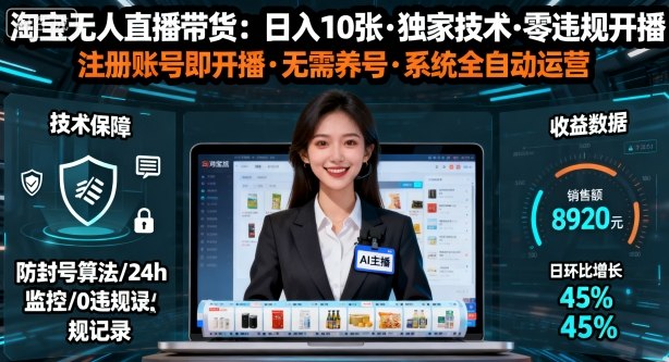 【最新】淘宝无人直播带货,日入10张,独家技术,无违规无封号,注册账号直接开播,不用养号【揭秘】-鹊桥梦网创