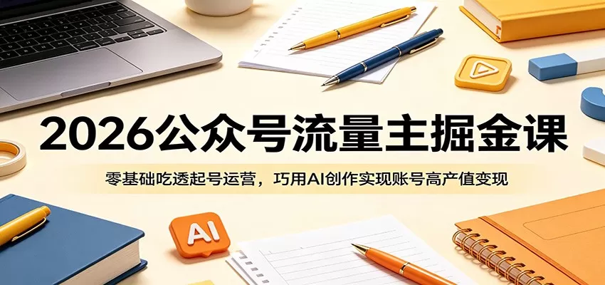 2026公众号流量主掘金课：零基础吃透起号运营，巧用AI创作实现账号高产值变现-鹊桥梦网创