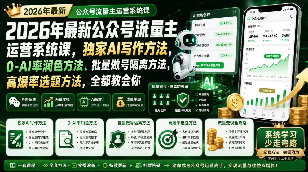 2026年最新公众号流量主运营系统课,独家AI写作方法,0-AI率润色方法、批量做号隔离方法、高爆率选题方法,全都教会你-鹊桥梦网创
