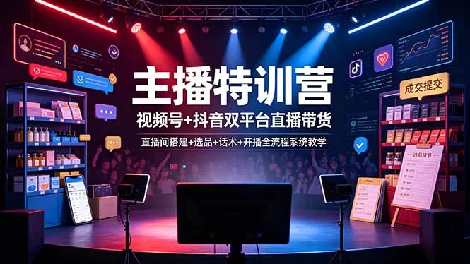 主播特训营:视频号+抖音双平台直播带货,直播间搭建+选品+话术+开播全流程系统教学-鹊桥梦网创