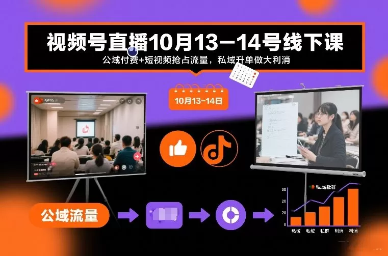 视频号直播10月13-14号线下课，公域付费+短视频抢占流量，私域升单做大利消-鹊桥梦网创
