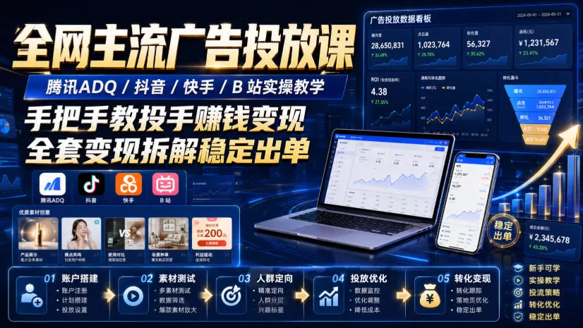 全网主流广告投放课,腾讯ADQ / 抖音 / 快手 / B 站实操教学,手把手教投手赚钱变现,全套变现拆解稳定出单 全网主流广告投放课,腾讯ADQ / 抖音 / 快手 / B 站实操教学,手把手教投手赚钱变现,全套变现拆解稳定出单