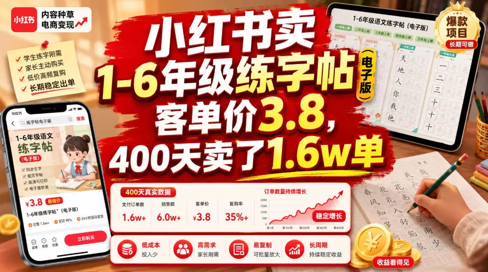 小红书卖1-6年级练字帖（电子版），客单价3.8，400天卖了1.6w单-鹊桥梦网创
