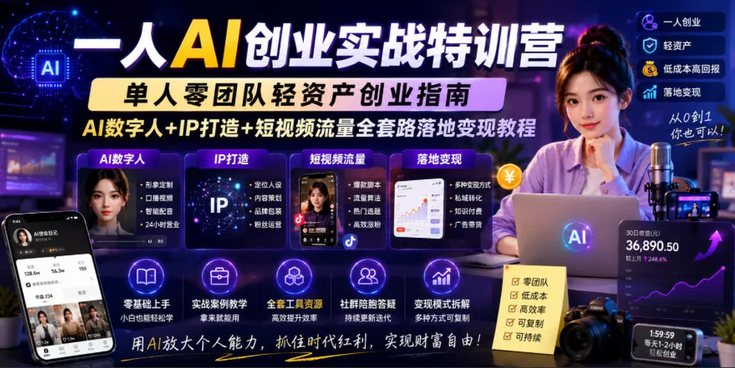 一人AI创业实战特训营，单人零团队轻资产创业指南，AI数字人+IP打造+短视频流量全套路落地变现教程-鹊桥梦网创