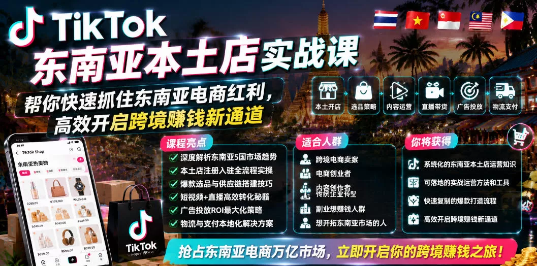 TikTok东南亚本土店实战课，帮你快速抓住东南亚电商红利，高效开启跨境賺钱新通道-鹊桥梦网创