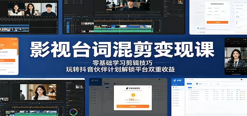 影视台词混剪变现课:零基础学习剪辑技巧,玩转抖音伙伴计划解锁平台双重收益-鹊桥梦网创