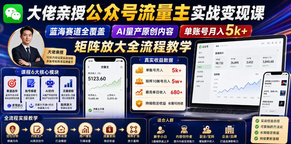 大佬亲授公众号流量主实战变现课，蓝海赛道全覆盖，AI量产原创内容，单账号月入5k+矩阵放大全流程教学-鹊桥梦网创
