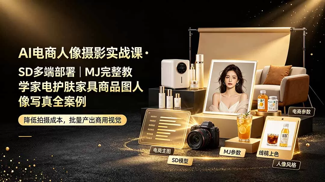 AI电商人像摄影实战课·SD多端部署|MJ完整教学|家电护肤家具商品图人像写真全案例-鹊桥梦网创