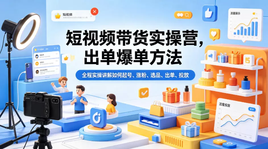 短视频带货实操营，出单爆单方法，全程实操讲解如何起号、涨粉、选品、出单、投放（更新0515）-鹊桥梦网创