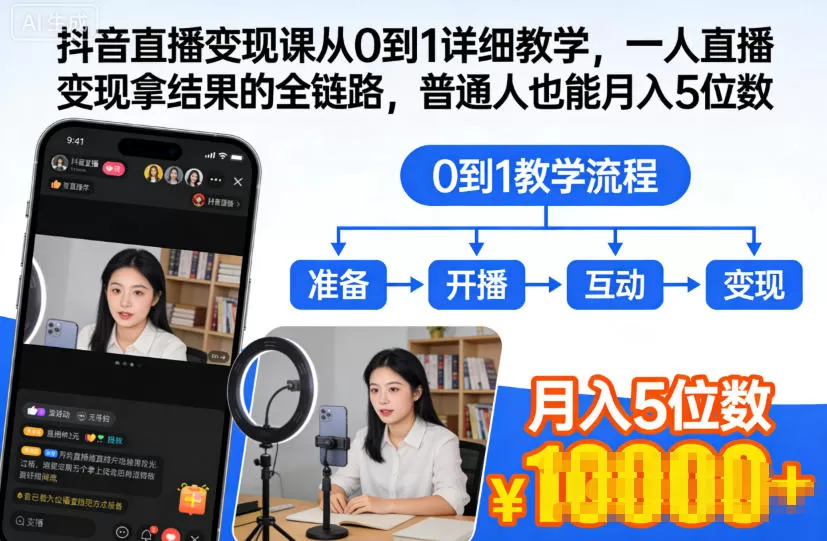 抖音直播变现课从0到1详细教学，一人直播变现拿结果的全链路，普通人也能月入5位数