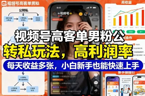 视频号高客单男粉公转私玩法,高利润率每天收益多张,小白新手也能快速上手-鹊桥梦网创