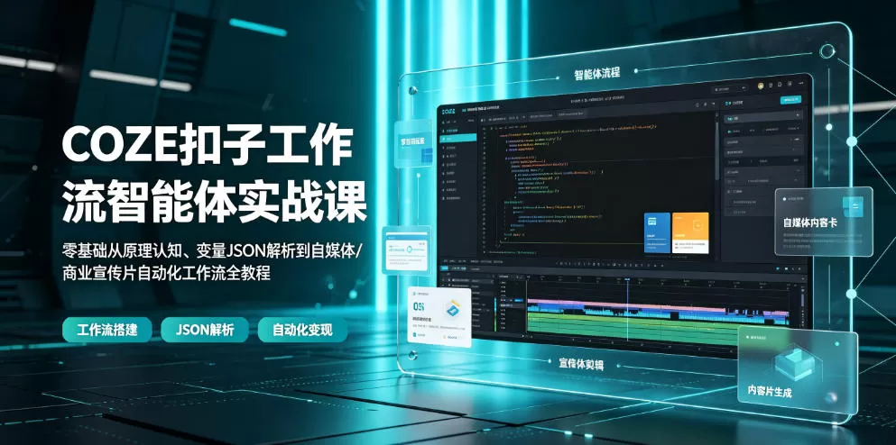 COZE扣子工作流智能体实战课｜零基础从原理认知、变量JSON解析到自媒体/商业宣传片自动化工作流全教程-鹊桥梦网创