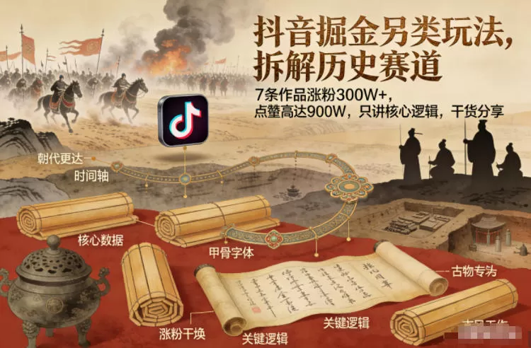 抖音掘金另类玩法，拆解历史赛道，7条作品涨粉300W+，点赞量高达900W，只讲核心逻辑，干货分享-鹊桥梦网创