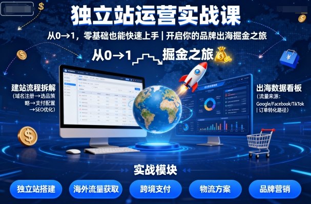 独立站运营实战课，从0到1，零基础也能快速上手，开启你的品牌出海掘金之旅-鹊桥梦网创