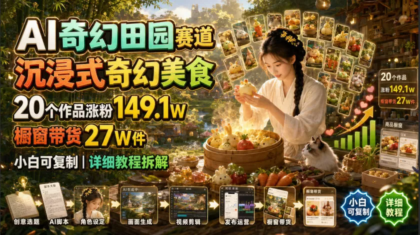 AI奇幻田园赛道,沉浸式奇幻美食,20个作品涨粉149.1W,橱窗带货27W件,小白可复制,详细教程拆解-鹊桥梦网创