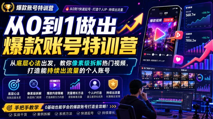从0到1做出爆款账号特训营，从底层心法出发，教你像素级拆解热门视频，打造能持续出流量的个人账号-鹊桥梦网创