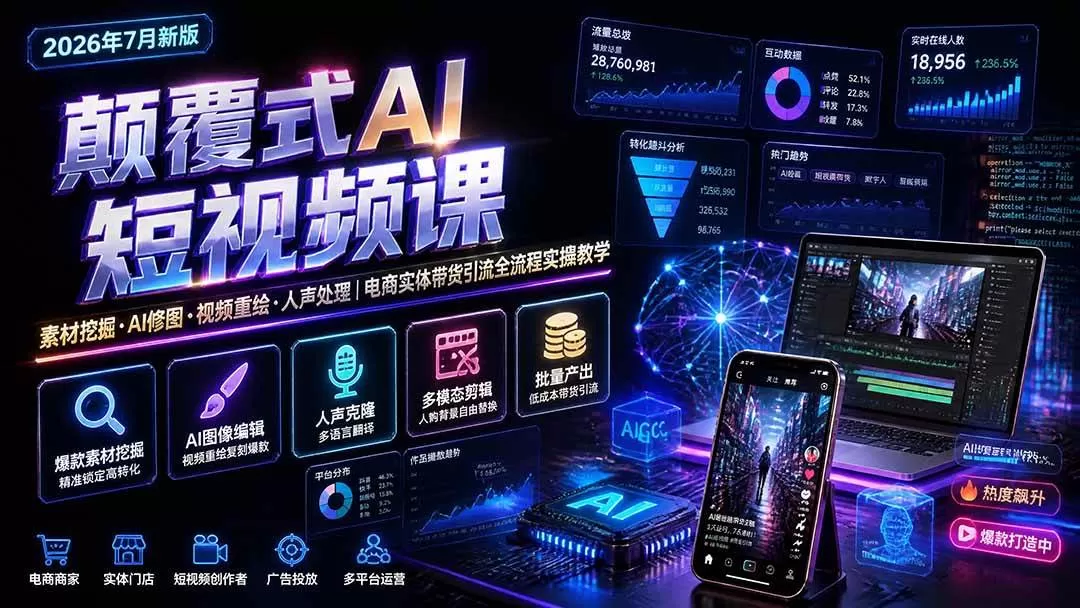 (19630期)颠覆式AI短视频课|素材挖掘,AI修图,视频重绘,人声处理|电商实体带货引流全流程实操教学-鹊桥梦网创