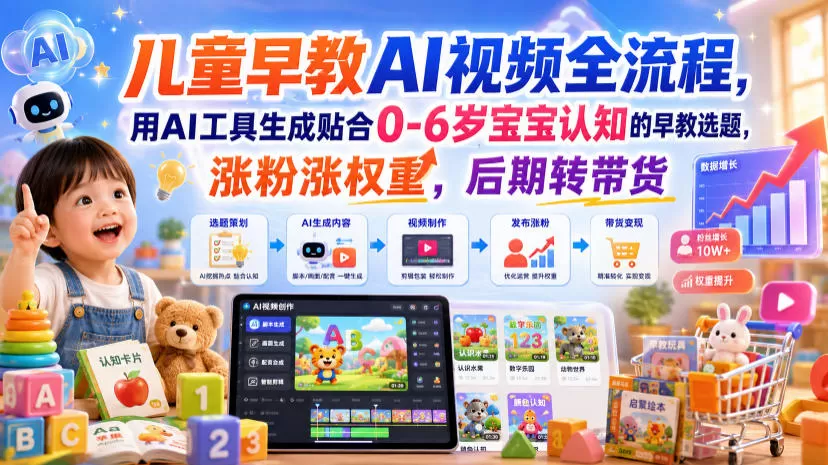 儿童早教AI视频全流程，用AI工具生成贴合0-6岁宝宝认知的早教选题，涨粉涨权重，后期转带货-鹊桥梦网创