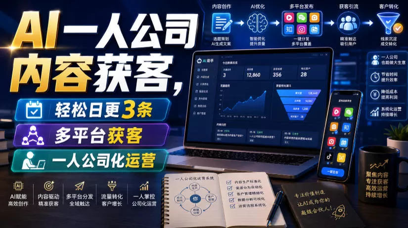 AI一人公司内容获客,轻松日更3条,多平台获客,一人公司化运营-鹊桥梦网创