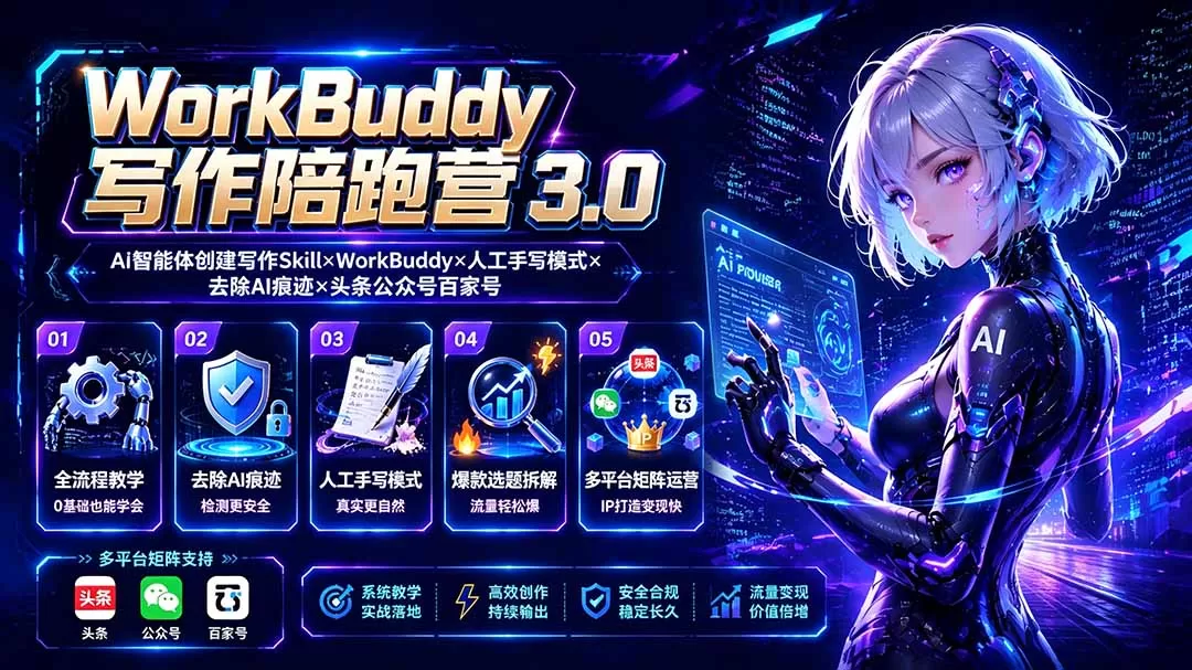 WorkBuddy写作陪跑营3.0-更新:Ai智能体创建写作Skill×WorkBuddy×人工手写模式×去除AI痕迹×头条公众号百家号-鹊桥梦网创