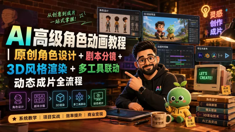 AI高级角色动画教程|原创角色设计+剧本分镜+3D风格渲染+多工具联动动态成片全流程【中英字幕】-鹊桥梦网创