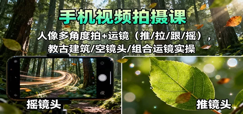 手机视频拍摄课:人像多角度拍+运镜(推/拉/跟/摇),古建筑/空镜头/组合运镜实操-鹊桥梦网创