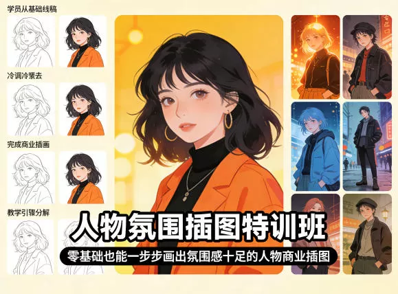 人物氛围插图特训班，零基础也能一步步画出氛围感十足的人物商业插图-鹊桥梦网创
