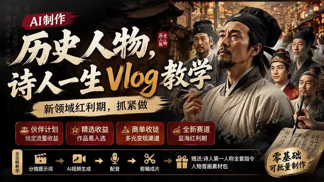 历史人物,诗人一生Vlog教学, AI制作丨伙伴计划丨精选收益丨商单收徒 ,新领域红利期,抓紧做-鹊桥梦网创