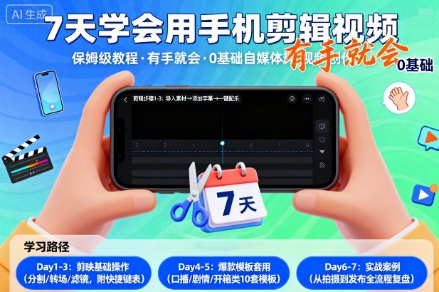 7天学会用手机剪辑视,保姆级教程,有手就会,0基础自媒体短视频创作教程-鹊桥梦网创