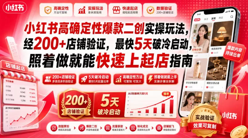 小红书高确定性爆款二创实操玩法,经200+店铺验证,最快5天破冷启动,照着做就能快速上起店指南-鹊桥梦网创