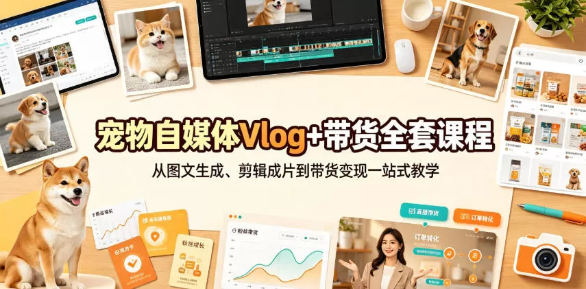 宠物自媒体Vlog+带货全套课程｜从图文生成、剪辑成片到带货变现一站式教学-鹊桥梦网创