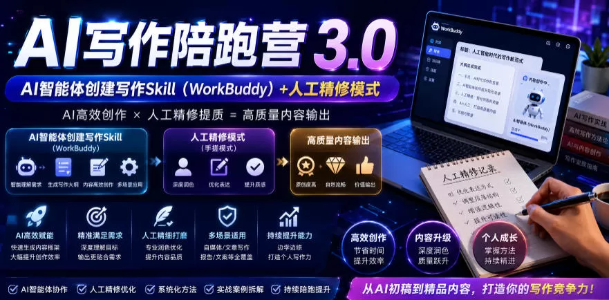 AI写作陪跑营3.0，Ai智能体创建写作skill（workbuddy）+人工手写模式（手搓模式），去除AI痕迹（头条号、公众号、百家号）-鹊桥梦网创