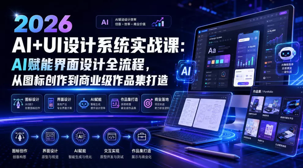 2026 AI+UI设计系统实战课:AI赋能界面设计全流程,从图标创作到商业级作品集打造-鹊桥梦网创