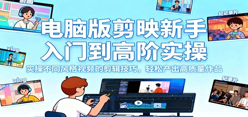 电脑版剪映新手入门到高阶实操，实操不同风格视频的剪辑技巧，轻松产出高质量作品-鹊桥梦网创