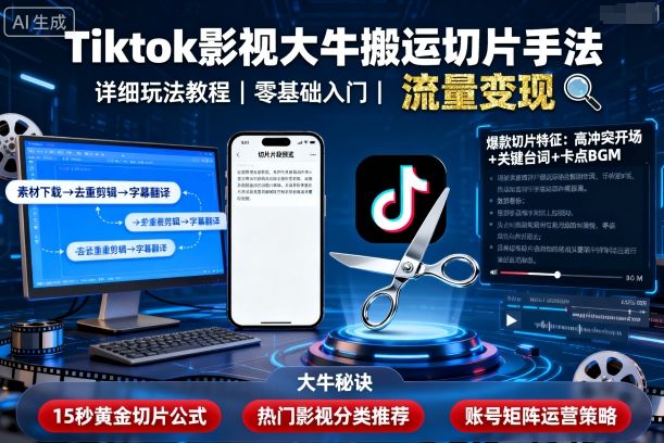 Tiktok影视大牛搬运切片手法，详细玩法教程-鹊桥梦网创