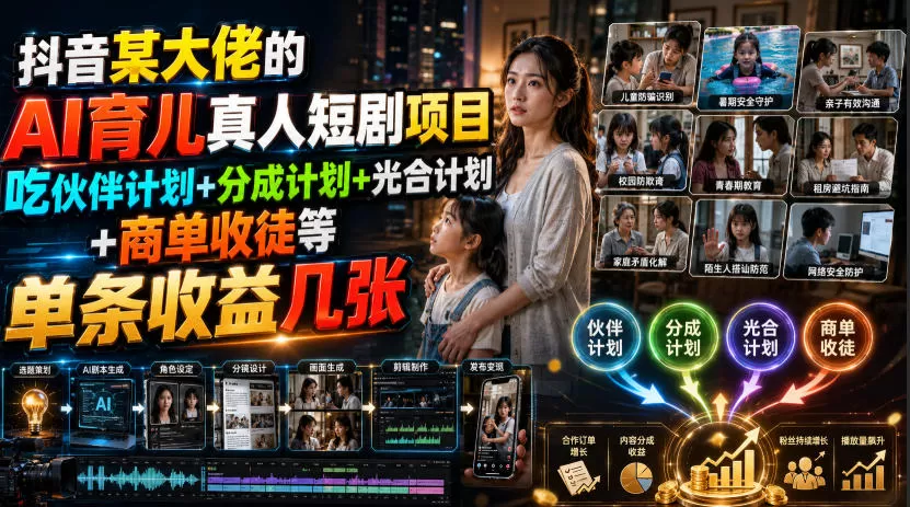 抖音某大佬的AI育儿真人短剧项目,吃伙伴计划+分成计划+光合计划+商单收徒等,单条收益几张-鹊桥梦网创